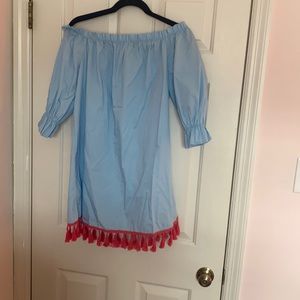 Blue off the shoulder dress with tassels
